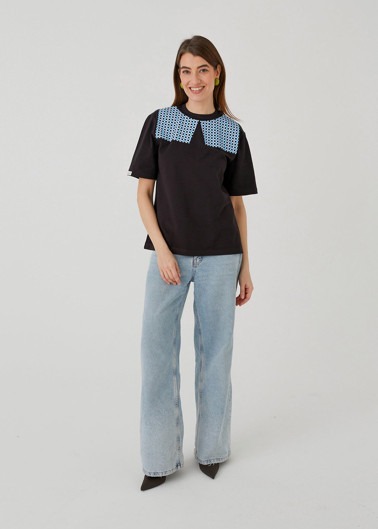 "CHECKS", BLACK T-SHIRT