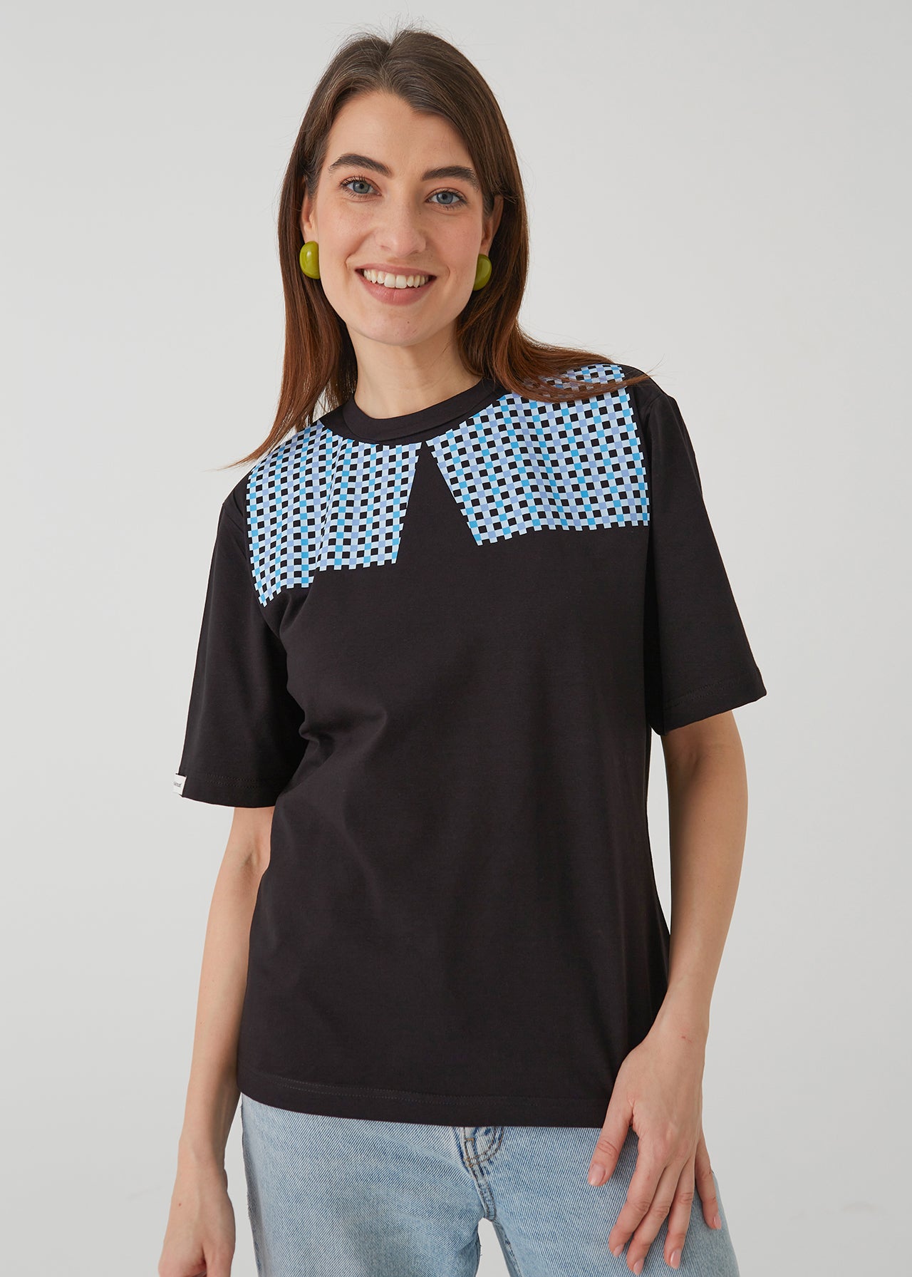 "CHECKS", BLACK T-SHIRT