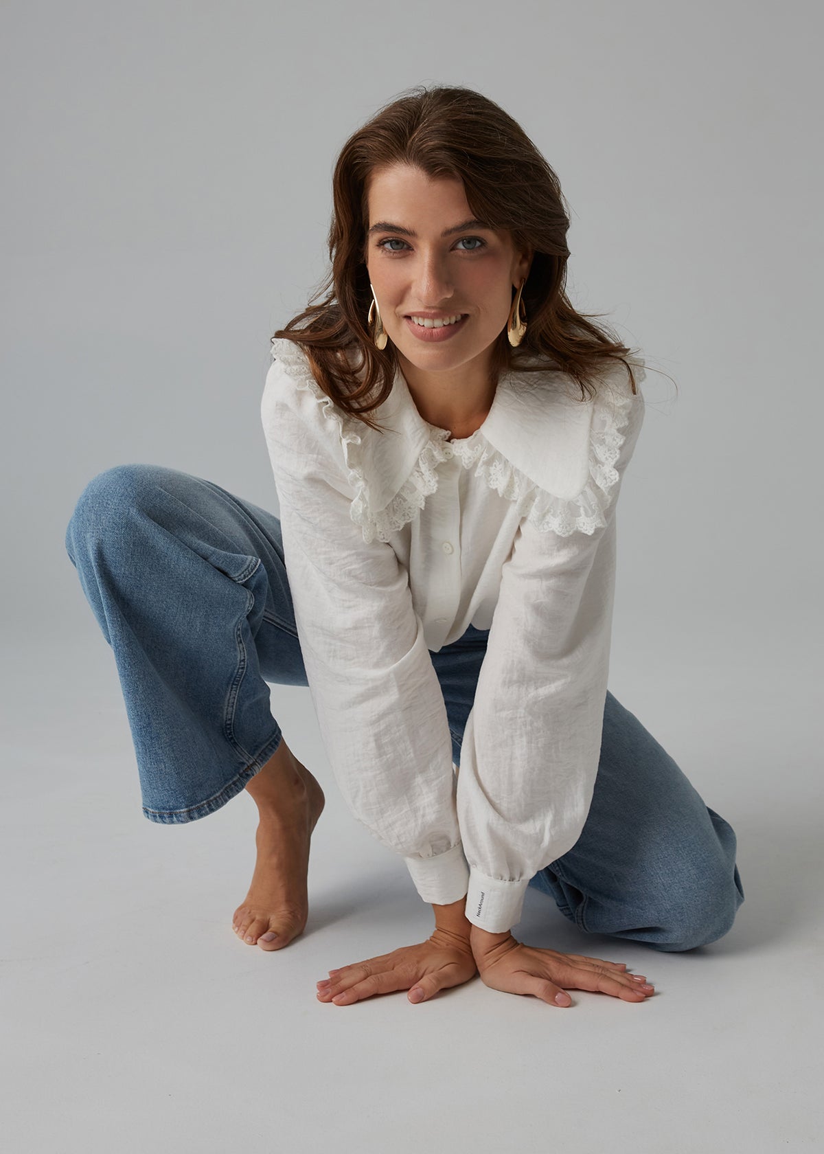 Romantic Cream Blouse with Pink Collar
