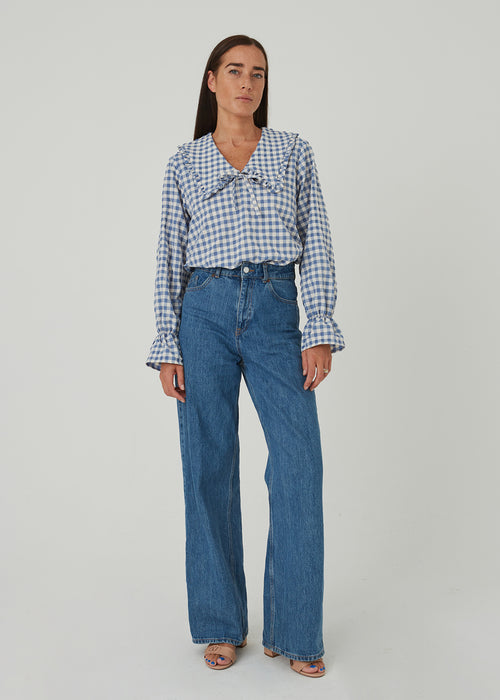Women's blue plaid blouse with collar
