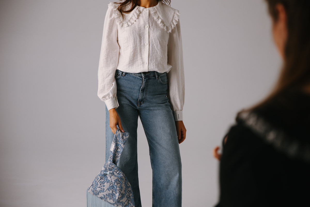 Romantic Cream Blouse with Pink Collar