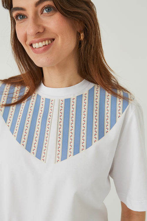 "STRIPES WITH ROSES", WHITE T-SHIRT