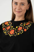 "FOLK ART", BLACK WOMEN'S T-SHIRT WITH COLLAR