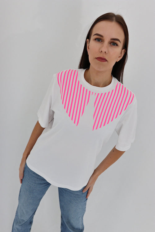 "PINK DASHES", WHITE T-SHIRT